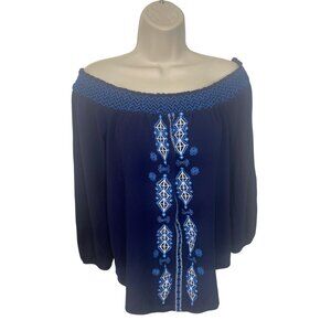 CUPIO Women's Size Large Navy Blue Smocked Off The Shoulder Blouse